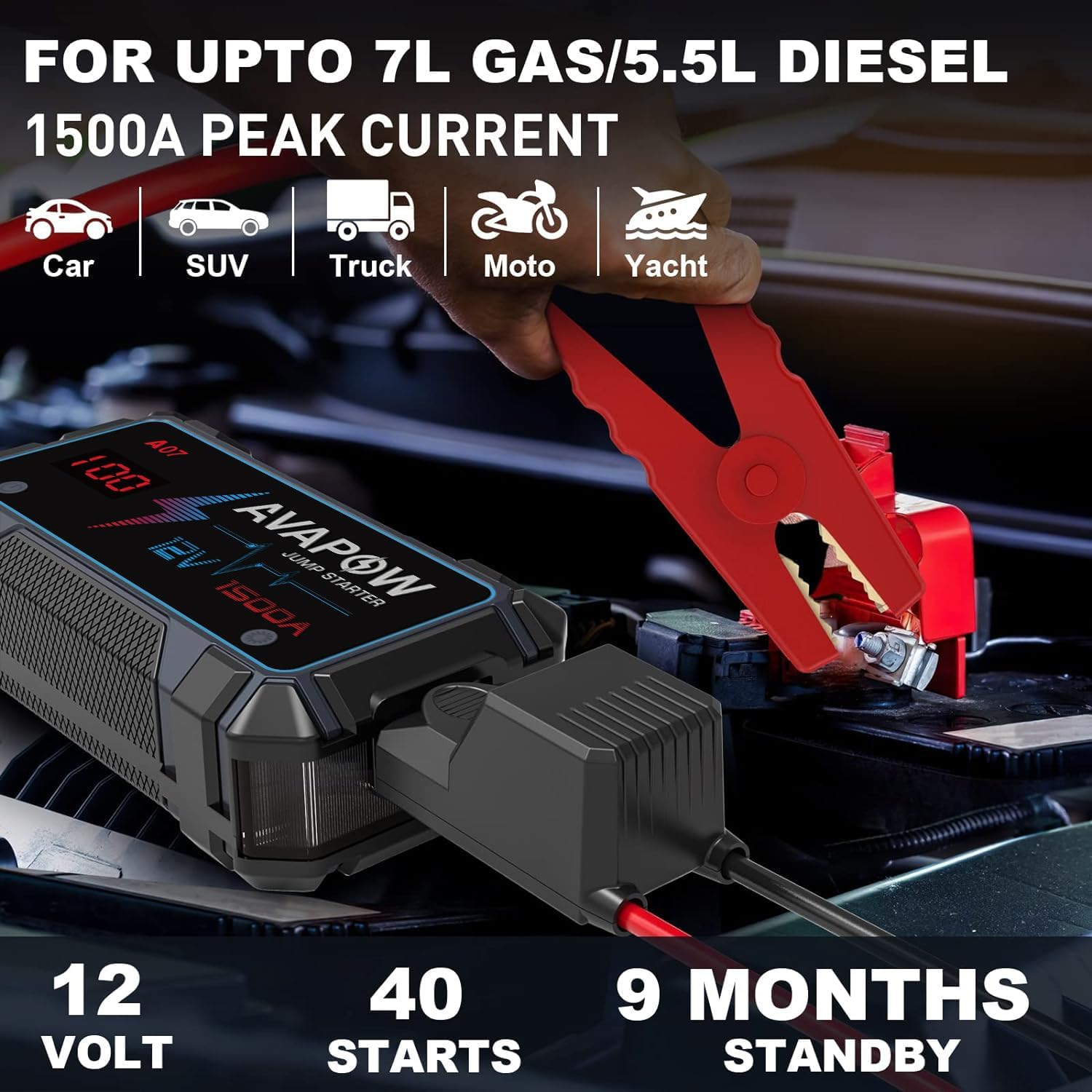 AVAPOW A07 1500A 12800mAh Taşınabilir Akü Takviye Kiti & Hızlı Powerbank - Görsel 2